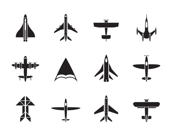 Silueta diferentes tipos de iconos de avión — Vector de stock