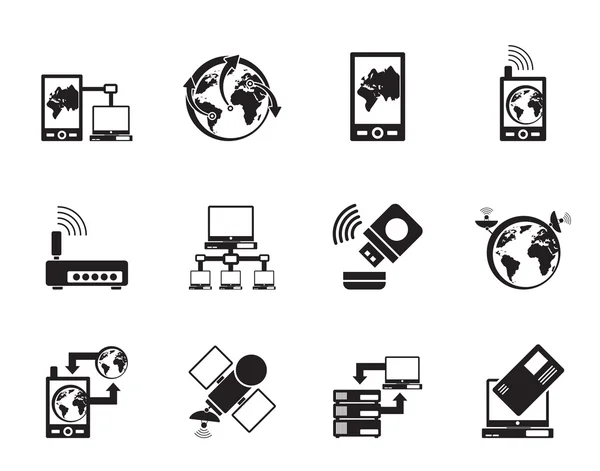 Ícones de comunicação de silhueta, computador e telefone celular — Vetor de Stock