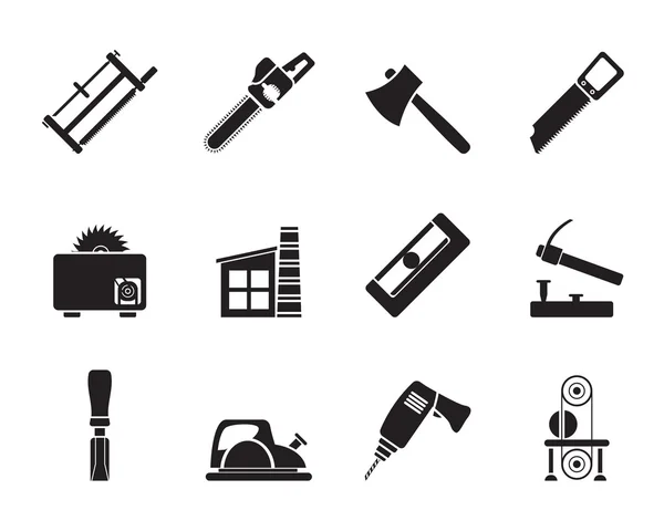 Silhouette Woodworking industry and Woodworking tools icons — Stock Vector