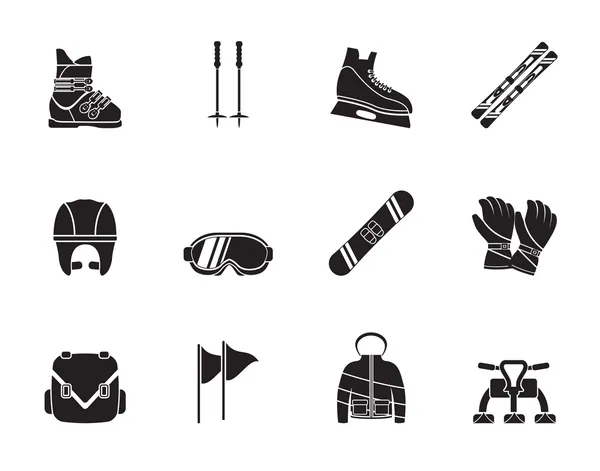 Iconos del equipo de esquí y snowboard Silhouette — Vector de stock