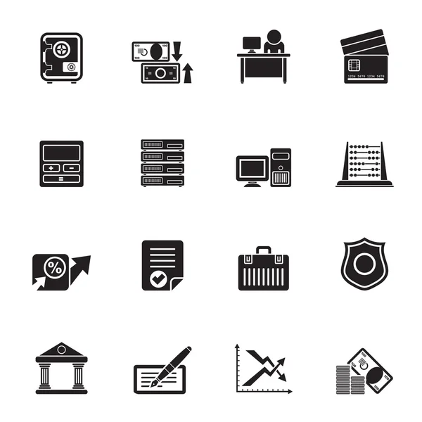 Silhouette bank, business, finance and office icons — Stock Vector