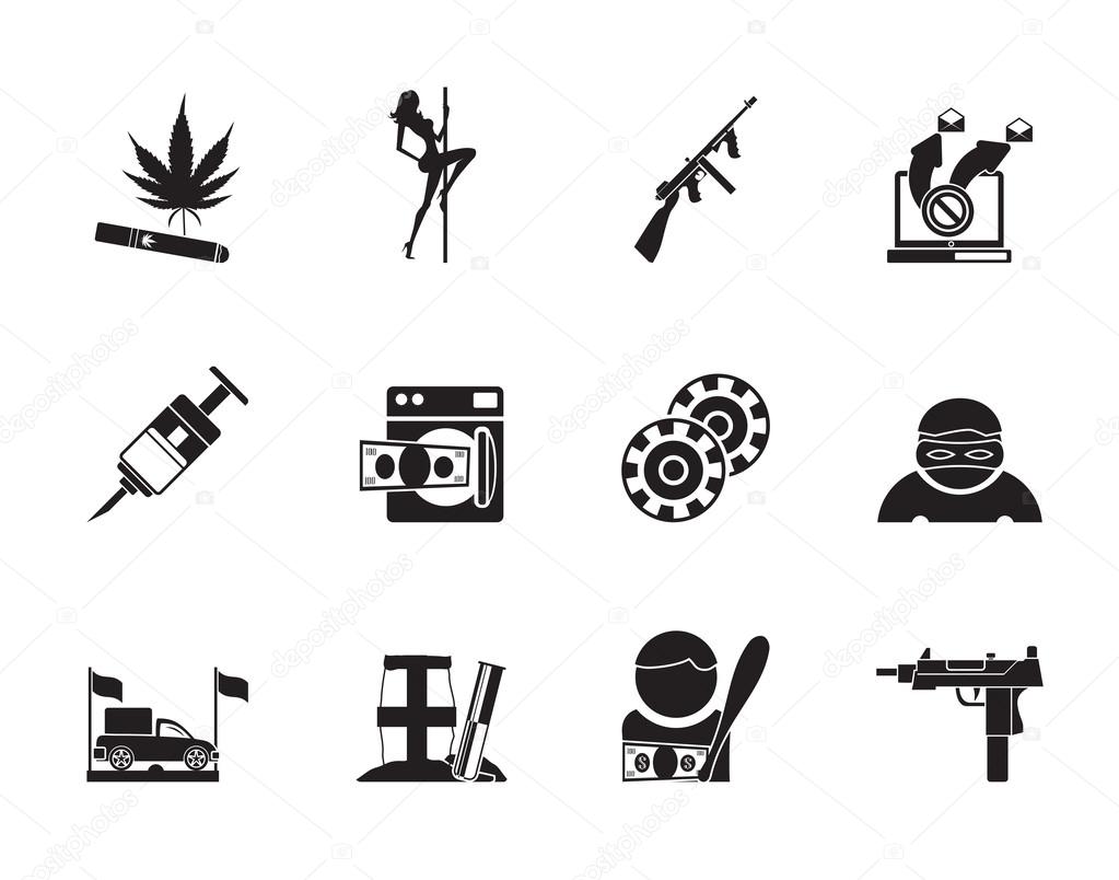 Silhouette mafia and organized criminality activity icons