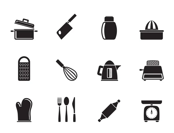 Silueta Cocina y hogar Iconos de utensilios — Vector de stock