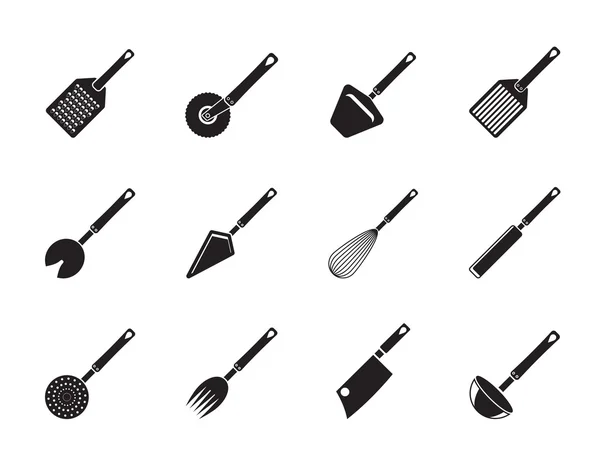 Silueta diferentes tipos de accesorios de cocina e iconos de equipos — Vector de stock