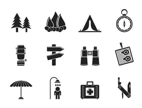 Silhouette camping, resor och turism ikoner — Stock vektor
