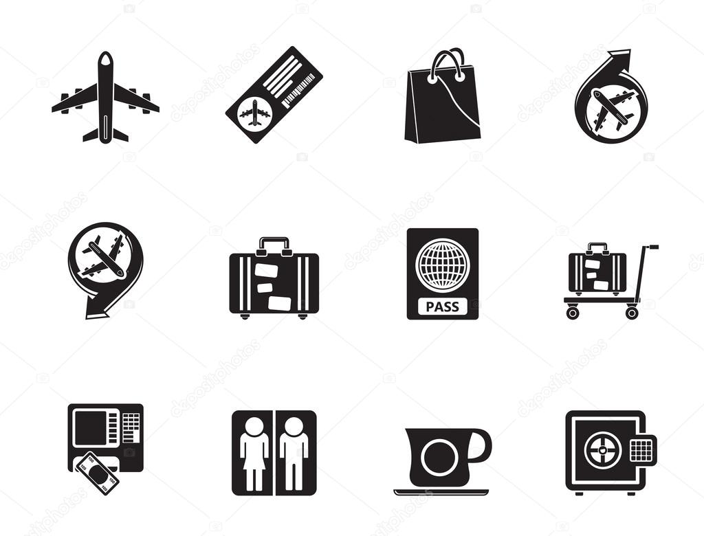 Silhouette airport, travel and transportation icons