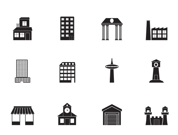 Silhueta tipo diferente de construção e ícones da cidade — Vetor de Stock