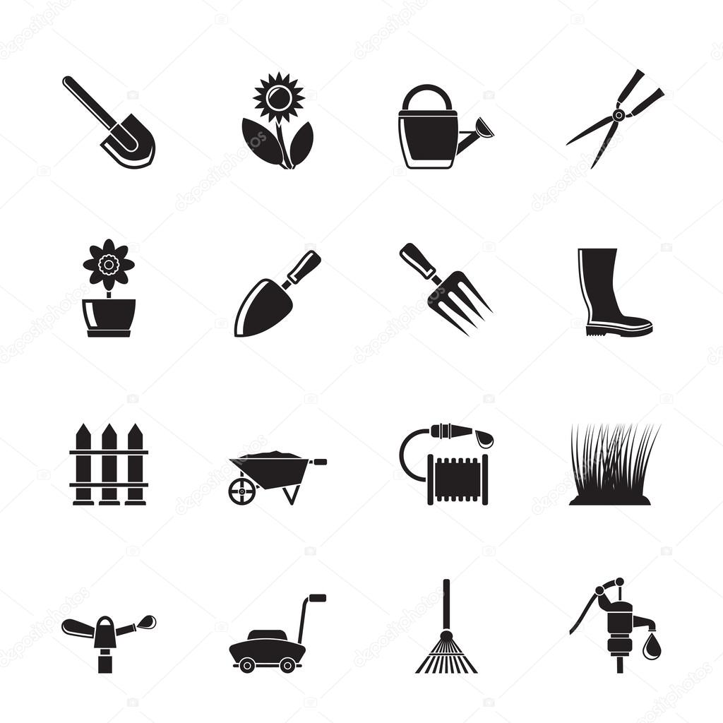 Silhouette Garden and gardening tools and objects icons