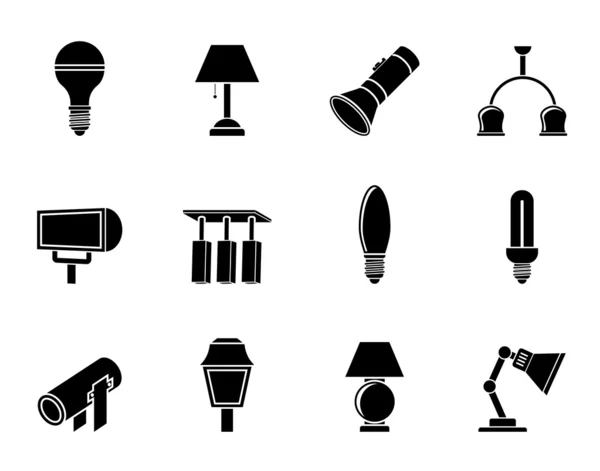 Silhouette différents types d'équipement d'éclairage — Image vectorielle