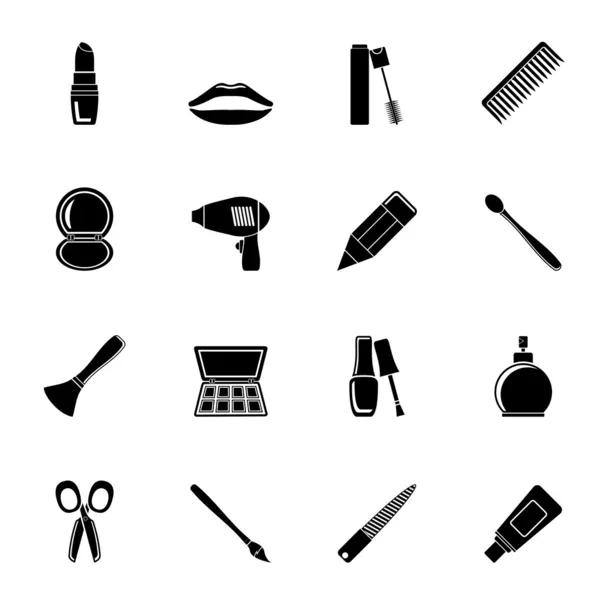 Silueta cosmética, maquillaje y peluquería iconos — Vector de stock