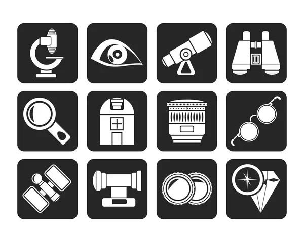 Silueta Iconos de equipos ópticos y de lentes — Archivo Imágenes Vectoriales
