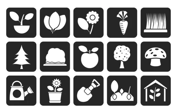 Silueta Diferentes plantas e iconos de la jardinería — Vector de stock