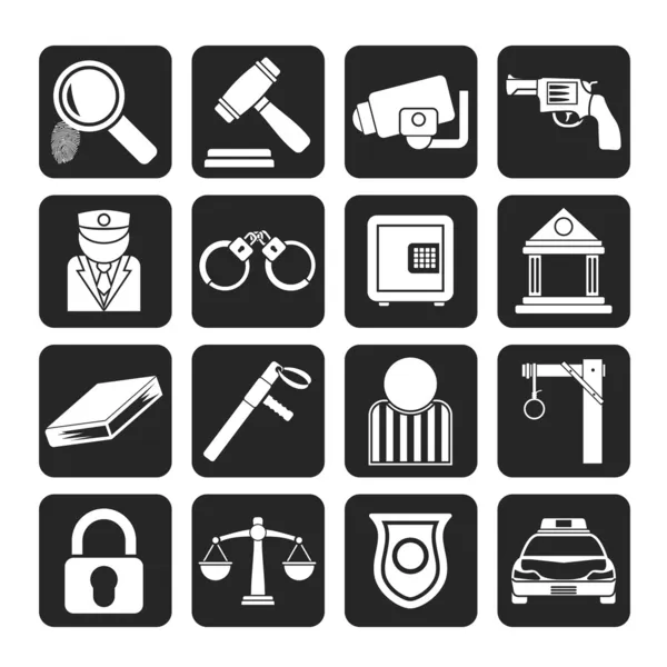 Silhouette Law, Police and Crime icons — Stock Vector