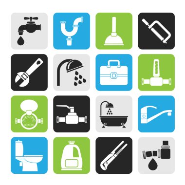 Silhouette plumbing objects and tools icons clipart