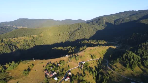 Flygfoto Solnedgång Över Byn Gela Smolyan Region Bulgarien — Stockvideo