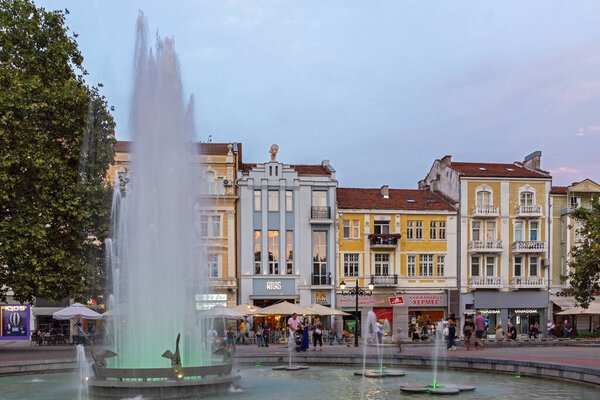 PLOVDIV, BULGARIA - AUGUST 26, 2021: Sunset view of Fountains at the pedestrian street at the center of City of Plovdiv, Bulgaria
