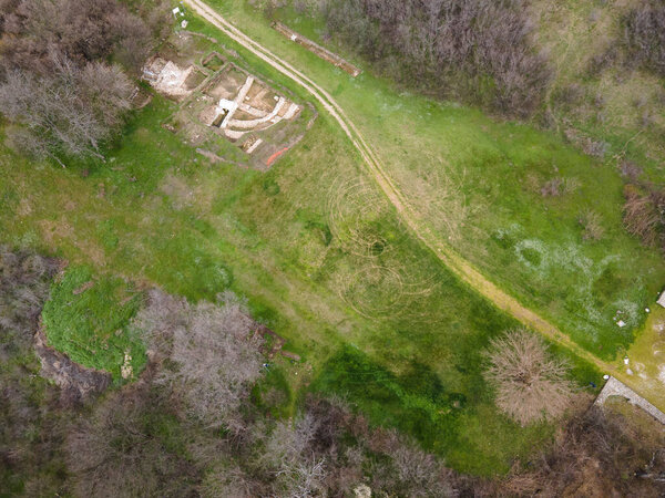 Aerial view of ancient Thracian Sanctuary of the Nymphs of Aphrodite near village of Kasnakovo, Haskovo Region, Bulgaria