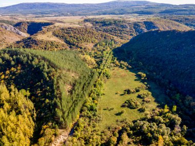 Nishava nehri boğazının havadan sonbahar manzarası, Balkan Dağları, Bulgaristan