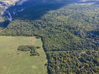 Bulgaristan 'ın Balkan Dağları' nın Karlukovo köyü yakınlarından geçen Iskar Nehri 'nin hava manzarası