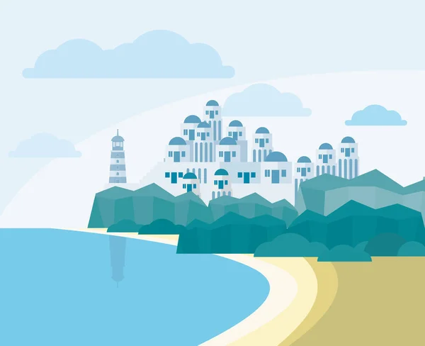 Fondo Dibujos Animados Con Típica Isla Griega Arquitectura Ilustración Vectorial — Vector de stock