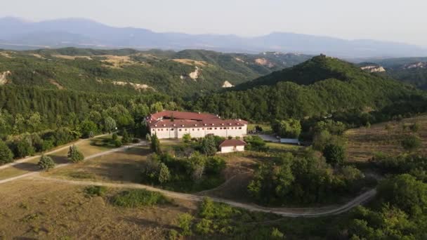 Flygfoto Över Rozhen Kloster Födelse Guds Moder Blagoevgrad Region Bulgarien — Stockvideo