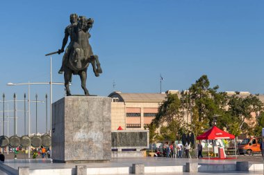 Selanik, Yunanistan - 22 Eylül 2019: Büyük İskender Anıtı Selanik, Orta Makedonya, Yunanistan