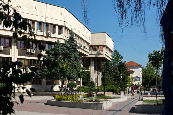 VIDIN, BULGARIA - MAY 23, 2021: Panorama of Bdintsi Square at the center of town of Vidin, Bulgaria