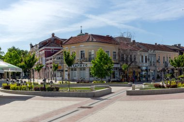 VIDIN, BULGARIA - 23 Mayıs 2021: Bulgaristan 'ın Vidin kentinin merkezindeki Bdintsi Meydanı' nın panoramik manzarası