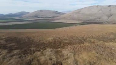 Aldomirovtsi bataklığı yakınlarındaki kırsal arazinin havadan sonbahar manzarası, Sofya bölgesi, Bulgaristan