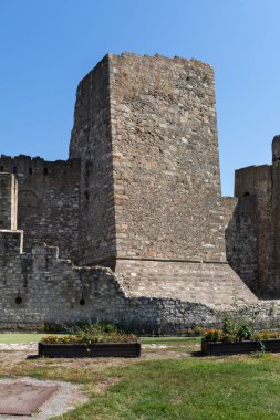 SMEDEREVO, SERBIA - 12 Ağustos 2019: Sırbistan 'ın Smederevo kentindeki Tuna Nehri kıyısındaki Kale Harabeleri