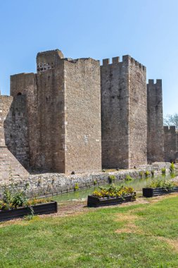 SMEDEREVO, SERBIA - 12 Ağustos 2019: Sırbistan 'ın Smederevo kentindeki Tuna Nehri kıyısındaki Kale Harabeleri