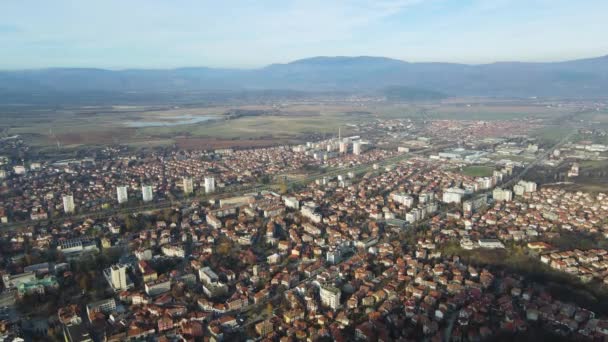 Vue Imprenable Sur Coucher Soleil Aérien Ville Kyustendil Bulgarie — Video