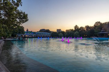 PLOVDIV, BULGARIA - 9 Ağustos 2021: Bulgaristan 'ın Filibe kentindeki Çar Simeon Bahçesindeki Şarkı Söyleyen Çeşmelerin Günbatımı Manzarası