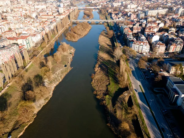 Fantastisk Flygfoto Över Maritsa Floden Och Panorama Till Staden Plovdiv — Stockfoto