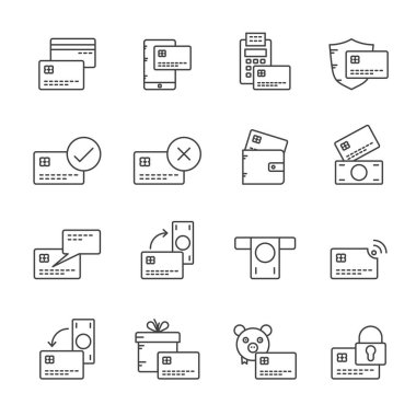 Satır bankası, kredi ve banka kartı simgeleri - vektör simgesi belirlendi