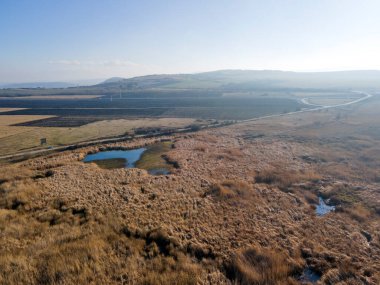 Aldomirovtsi bataklığının hava sonbahar manzarası, Sofya bölgesi, Bulgaristan