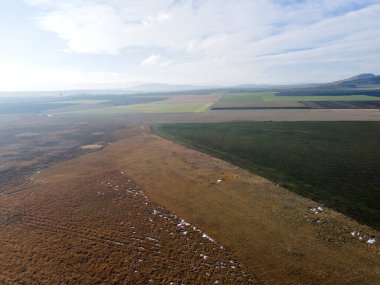 Aldomirovtsi bataklığının hava sonbahar manzarası, Sofya bölgesi, Bulgaristan
