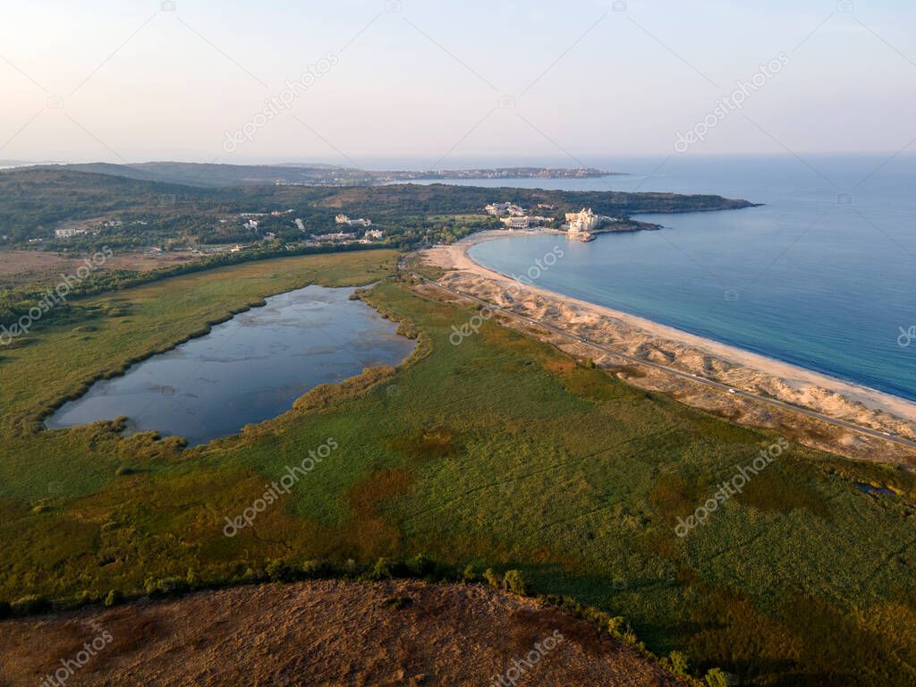 Aerial Sunset view of The Driver Beach near resort of Dyuni, Burgas Region, Bulgaria