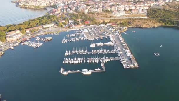 Luchtfoto Zonsondergang Uitzicht Oude Stad Haven Van Sozopol Burgas Regio — Stockvideo