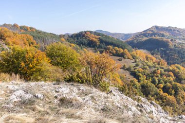 Bulgaristan 'ın Pernik Bölgesi, Kamenititsa zirvesi yakınlarındaki Erul dağının şaşırtıcı sonbahar manzarası