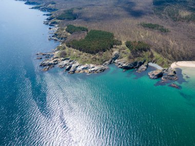 Bulgaristan 'ın Burgaz Bölgesi' nin Rezovo kasabası yakınlarındaki Silistar plajının hava manzarası