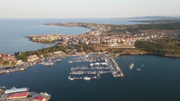 Vue Aérienne Coucher Soleil Sur Vieille Ville Port Sozopol Région — Video