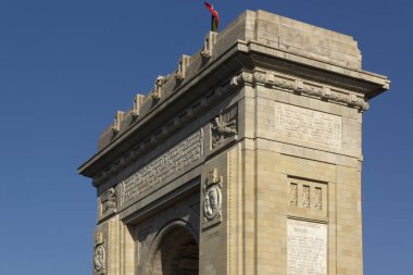 BUCHAREST, ROMANIA - AUGUST 17, 2021:  Sunset view of Arch of Triumph in city of Bucharest, Romania