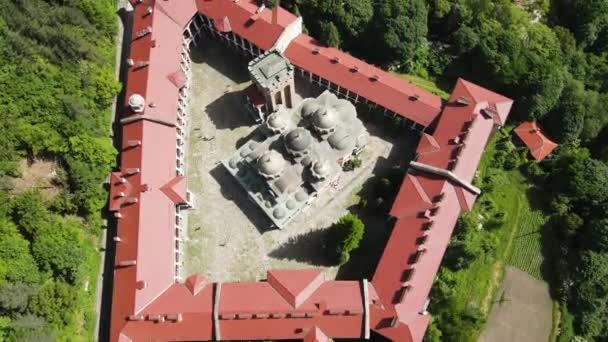 Amazing Aerial View Rila Monastery Kyustendil Region Bulgarije — Stockvideo