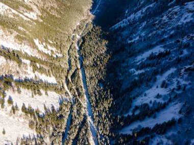 Bulgaristan 'ın Sofya Bölgesi Beli Iskar nehri yakınlarındaki Rila Dağı' nın kış manzarası