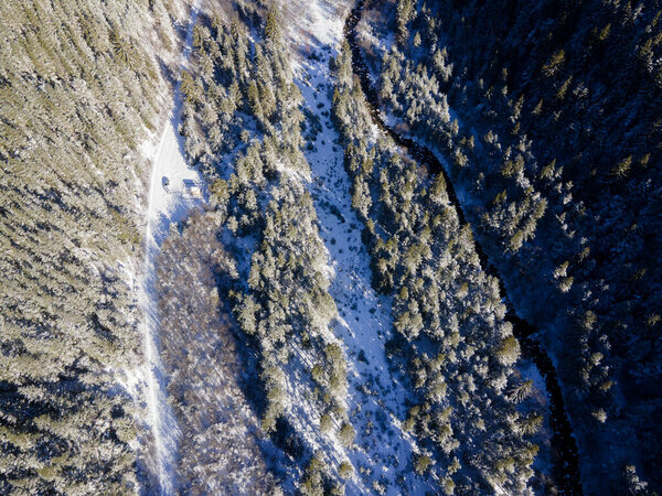 Aerial winter view of Rila Mountain near Beli Iskar river, Sofia Region, Bulgaria