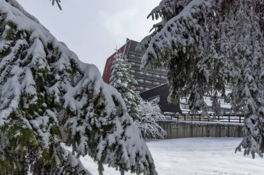 BOROVETS, BULGARIA - 14 Ocak 2022: Bulgaristan 'ın Sofya Bölgesi' ndeki Rila Dağı 'ndaki Borovets kayak merkezinin kış manzarası