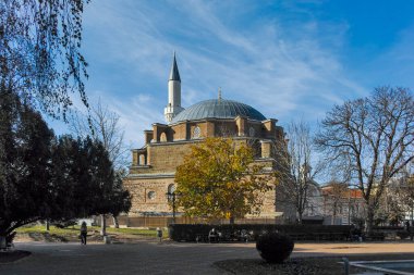 SOFYA, BULGARIA - 11 Kasım 2021: Bulgaristan 'ın başkenti Sofya' daki Banya Başhi Camii 'nin sonbahar manzarası