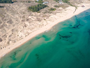 Bulgaristan 'ın Burgaz Bölgesi, Arkutino plajının şaşırtıcı hava manzarası