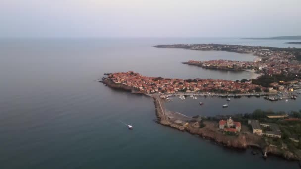 Vue Aérienne Coucher Soleil Sur Vieille Ville Port Sozopol Région — Video